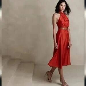 Banana Republic Factory Halter Midi Dress Ruffle Neck Sz 8. 10, Petite 14